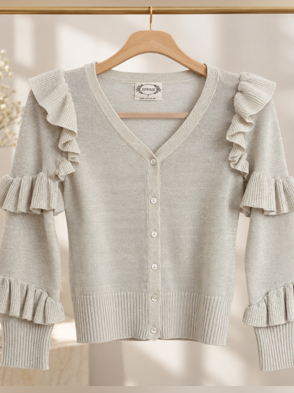 Joyfolie Sparkle Ruffle-Trim V-Neck Cardigan